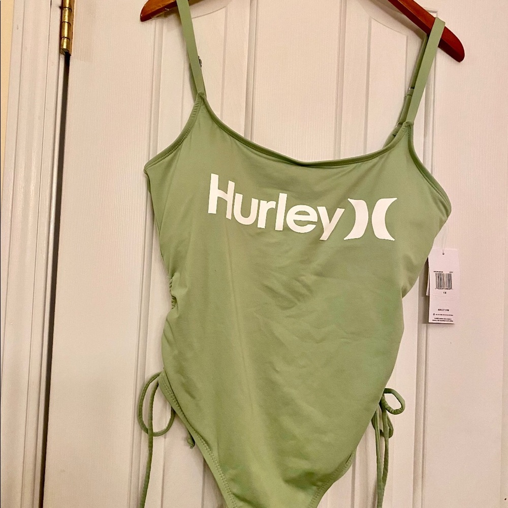 Hurley Ruched Side Tie Front Logo One Piece Bathing Suit